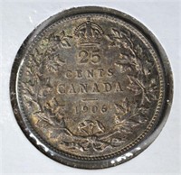 1906 SILVER 25 CENTS CANADA BU