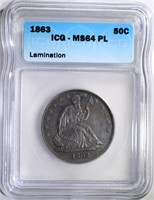 1863 SEATED HALF DOLLAR, ICG MS-64 PROOF LIKE