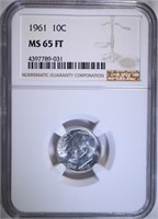 1961 ROOSEVELT DIME, NGC MS-65 FT