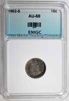 1862-S SEATED LIBERTY DIME, EMGC AU/BU