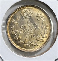 1918 SILVER 5 CENTS CANADA  GEM BU