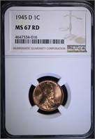 1945-D LINCOLN CENT, NGC MS-67 RED