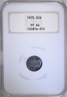 1870 3-CENT SILVER, NGC PF-64 OLD FATTY HOLDER