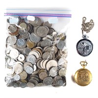 [World] Large bag of Foreign Coins plus watches