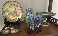 CLOISONNE BOWL WITH STAND, HORSE, DUCKS, VASE,