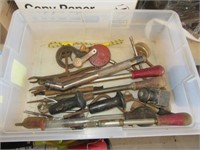 Tote of various vintage tools, screwdrivers, hex