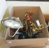 (2) Desk lamp lights and (3) Brass wall sconces.