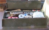 Metal tool box with pipe wrench and other