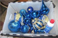 Christmas décor including blue bulbs, blue