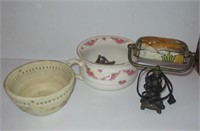 Vintage pottery bowl, desk lamp with metal base