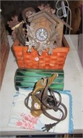 Vintage wood cuckoo clock, fish lamp, and a cross