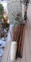 Wood wall shelf, vintage ice skates, wicker yard