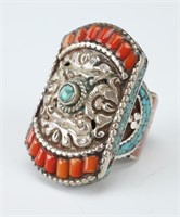 LARGE SILVER TIBETAN RING W/ CORAL TURQUOISE