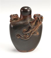 CARVED OX HORN SNUFF BOTTLE WITH DRAGONS