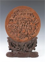 CHINESE CARVED WOODEN PLATE ON STAND
