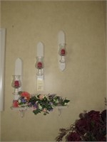 Wall Wooden Sconces, shelf, and flowers