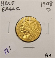 1908 D GOLD HALF EAGLE   AU