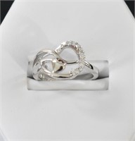 .925 Silver & Diamond Hearts Ring Size 6