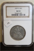 1859 O SEATED HALF DOLLAR  NGC AU53