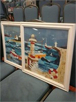Set of 3 pictures with sailboats and lighthouse