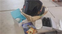 BASKET WITH BOOTS, SHOES,  BOOSTER SEAT