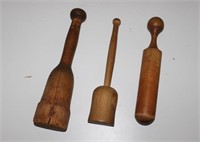 (3) EARLY WOOD FOOD MASHERS