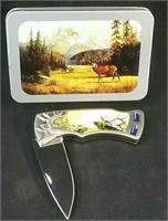Deer stainless steel collector knife in tin
