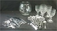 assorted flatware,  glasses & bowl