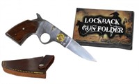 New 7" Brown Folding Gun Knife w/ Leather Holster
