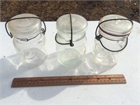 Lot of Three Glass Jars with Glass & Wire Covers