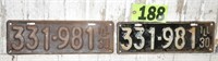 Matched pair of Illinois 1930 license plates