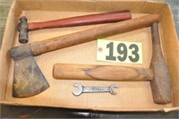 Unusual early hatchet, hammers, & "Ford" wrench