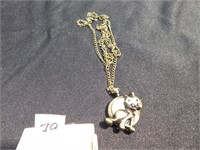 Small watch necklace w/cat decoration - quartz