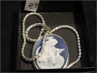 Cameo of Lady with dove on blue stone necklace -