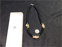 Jet Beads with pink coral & jade bead necklace