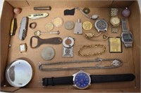 GROUP JEWELRY WATCHES, COINS, KNIVES, ETC