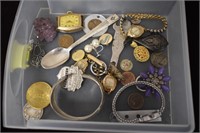 GROUP LADIES JEWELRY WATCHES, PINS, COINS, SILVER