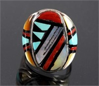 Signed Zuni Sterling Silver Turquoise Mosaic RIng