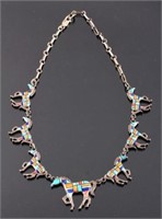 Zuni Sterling Silver Inlaid Mosaic Horse Necklace