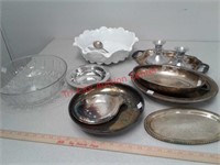 Silver serving dishes, glass bowl and more