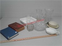 Vintage books, glass dishes, vases and more