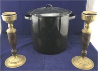 Tall Enamal Pot and Pair of Heavy Brass
