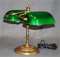 Brass Double Student Lamp With Green Glass Shades