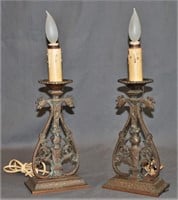 Pair Of 1920s Heraldic Design Brass Lamps