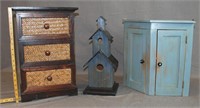 3 Pcs, Antique Painted Corner Cabinet, Birdhouse