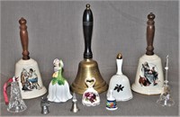 11 Vintage Collectible Bells, Brass,  Rockwell....