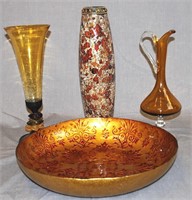4 Pcs Decorative art Glass In Gold And Amber Tones