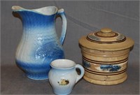 Antique Blue Pottery Pitcher, Cup, Covered Jar