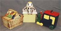3 Vintage Cookie Jars Humpty Dumpty, Train, Basket