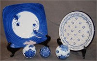5 Blue And White China Items, Platters, Balls